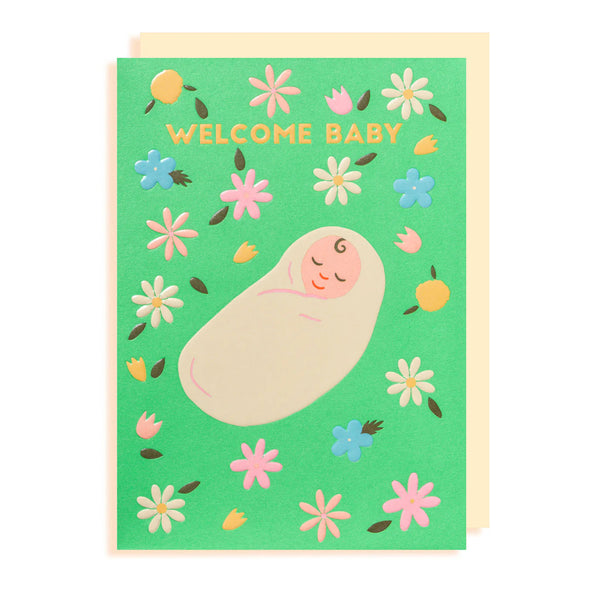 Welcome Baby Green Florals Card