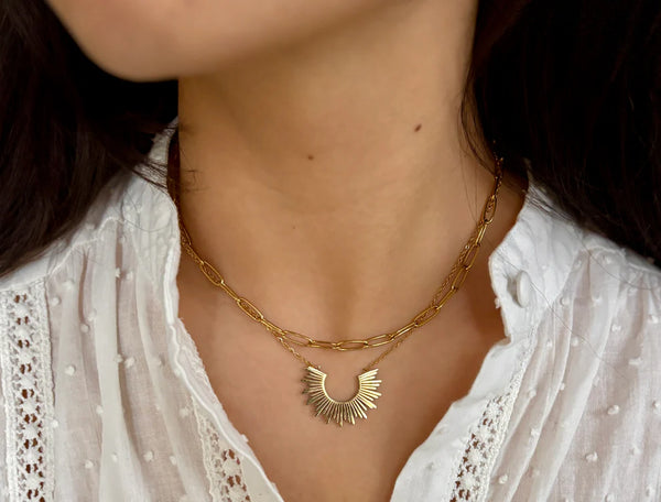 Adita necklace - 18ct Gold Plated Sunburst Pendant Double Chain Necklace