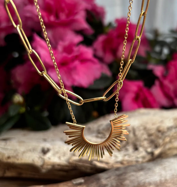 Adita necklace - 18ct Gold Plated Sunburst Pendant Double Chain Necklace