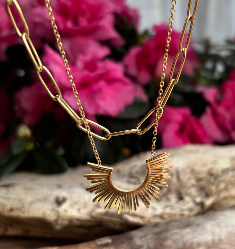 Adita necklace - 18ct Gold Plated Sunburst Pendant Double Chain Necklace
