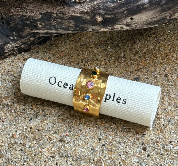 Ava Ring - 18ct Gold Plated Adjustable Multi Coloured Cubic Zirconia Hammered Ring