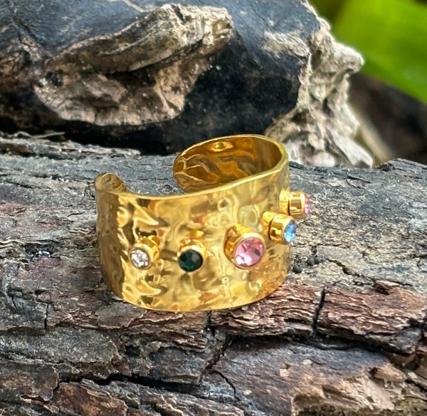 Ava Ring - 18ct Gold Plated Adjustable Multi Coloured Cubic Zirconia Hammered Ring