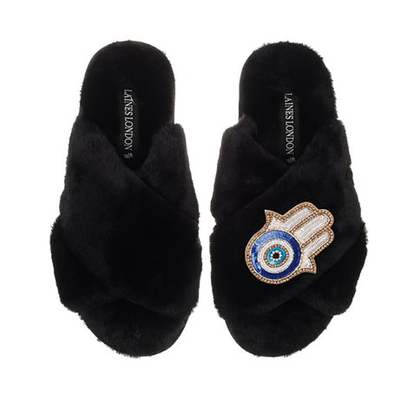 Classic Slippers -Black with Hamsa Hand  Brooch
