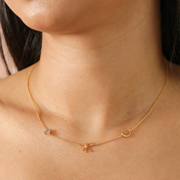 Blue Crystal Celestial Necklace - Gold