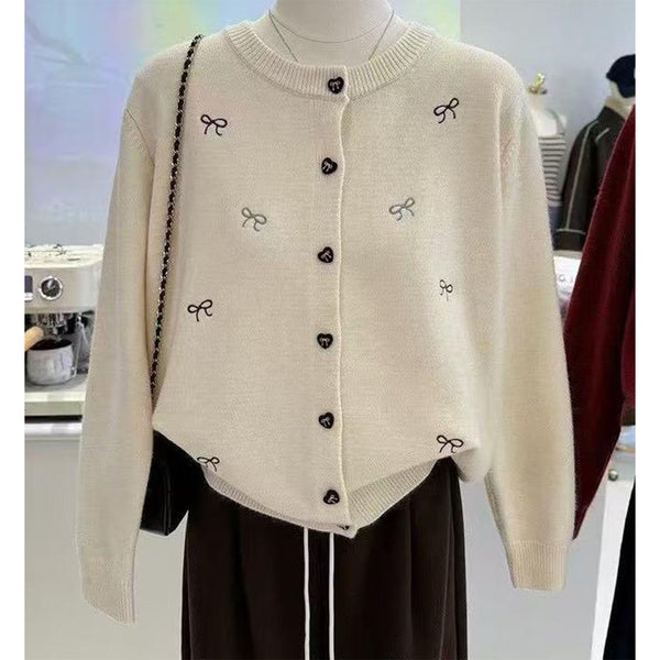 Bow Embroidered Cardigan - Cream