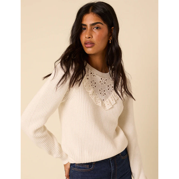 Broderie Yoke Knitted Jumper - Ivory