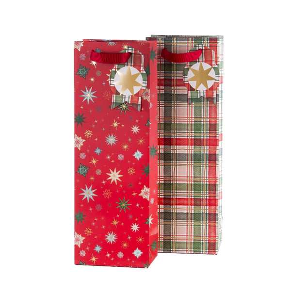 Christmas Bottle Gift Bags - Tartan Stars