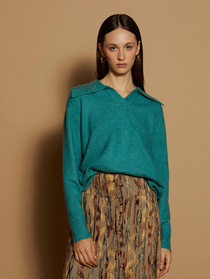 Claire Sequined Collar Jumper - Teal