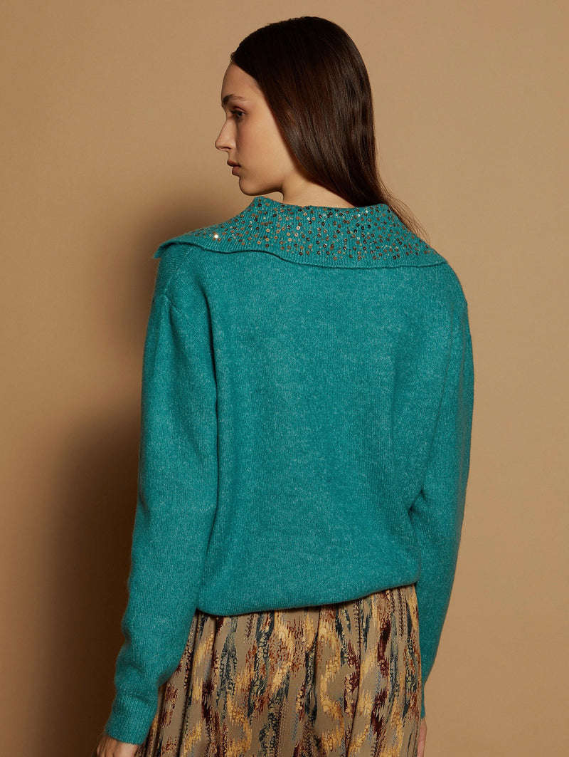 Claire Sequined Collar Jumper - Teal