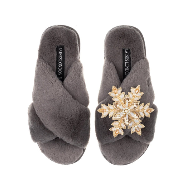 Classic Slippers - Grey with Snowflake Brooch