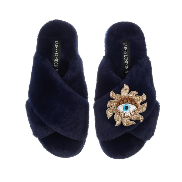 Classic Slippers - Navy with Mystic Eye Brooch