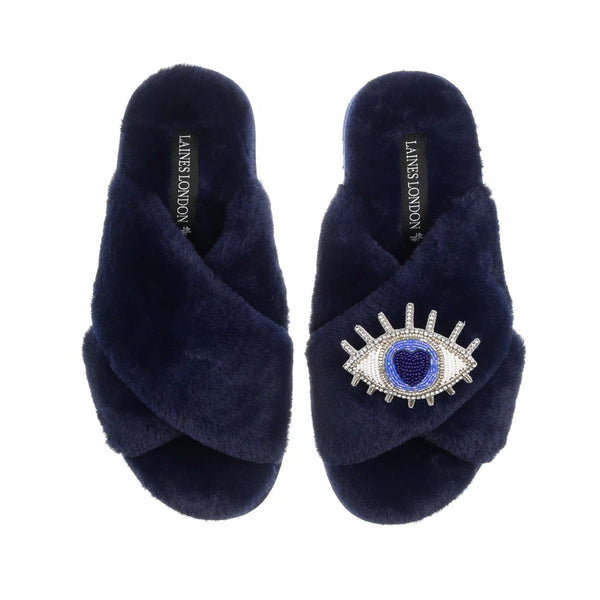 Classic Slippers - Navy with Silver Blue Eye Brooch