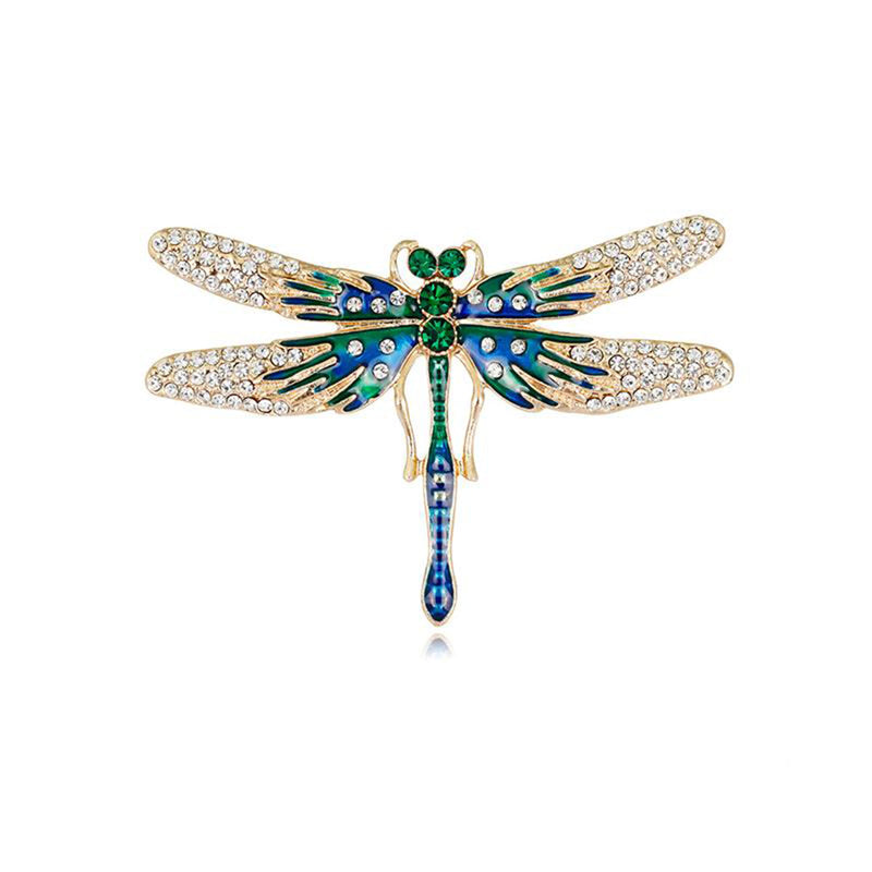 Crystal Wing Dragonfly Brooch - Blue Green
