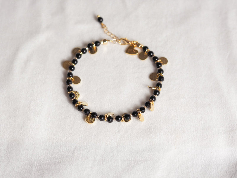 Disco Bracelet - Black Beads & Gold Coin Charms