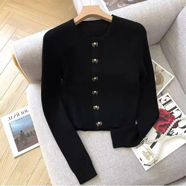 Enamel Bow Button Cardigan - Black