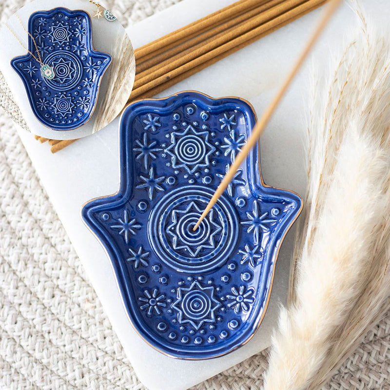 Hamsa Hand Incense Holder Dish  - Dark Blue