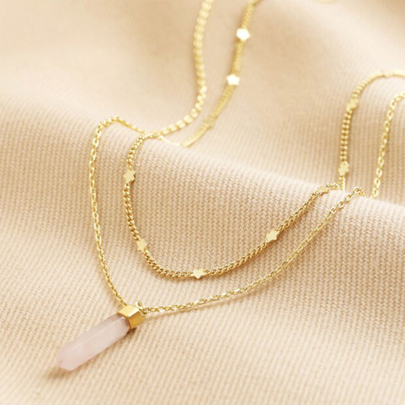 Healing Crystal Double Chain Necklace - Gold Rose Quartz