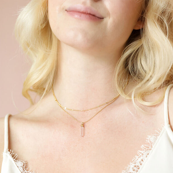 Healing Crystal Double Chain Necklace - Gold Rose Quartz