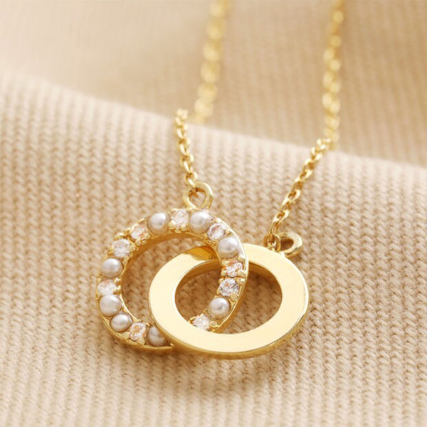 Interlocking Pearl and Crystal Hoops Necklace - Gold