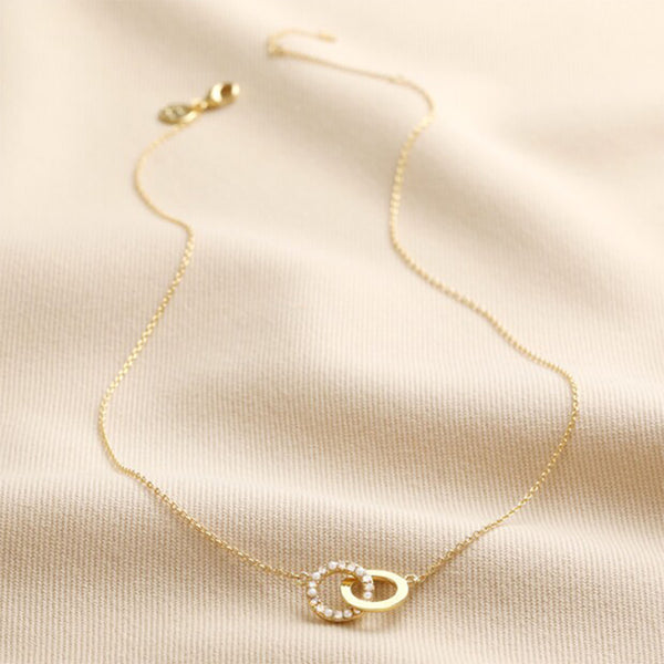 Interlocking Pearl and Crystal Hoops Necklace - Gold