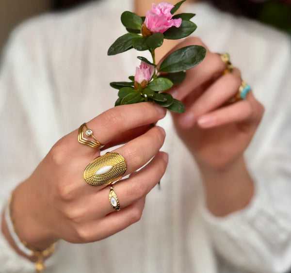 Jade Ring - 18ct Gold Plated Adjustable White Jade Shield Ring