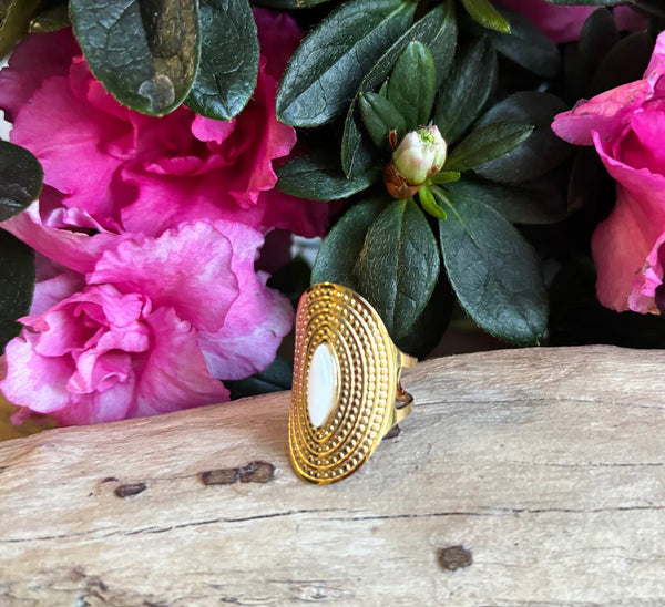 Jade Ring - 18ct Gold Plated Adjustable White Jade Shield Ring