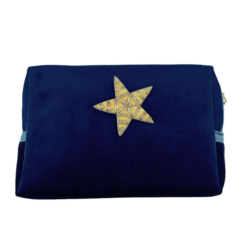 Makeup Bag Large Velvet - Blue With Gold Star