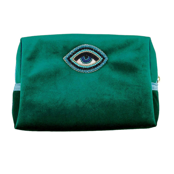 Makeup Bag Large Velvet - Green With Blue Zip/Evil Eye