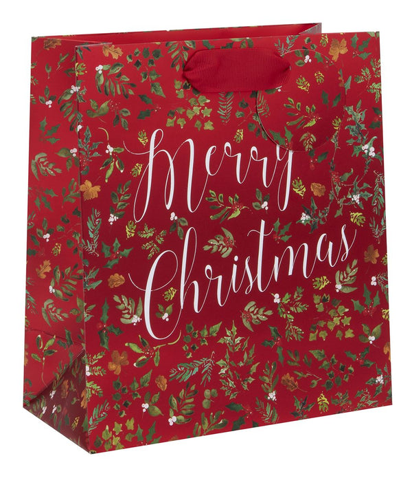 Medium Merry Christmas Gift Bag - Red Foliage