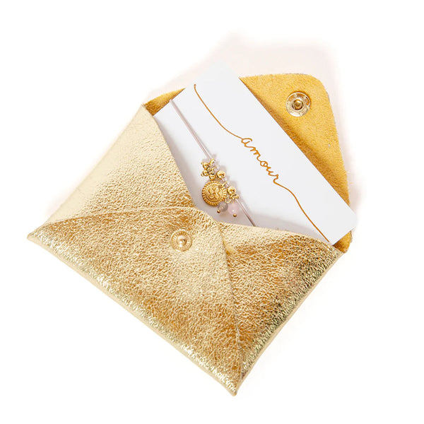 Metallic Leather Card Wallet & Bracelet - Gold