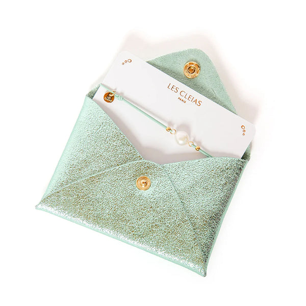 Metallic Leather Card Wallet & Bracelet - Mint Green