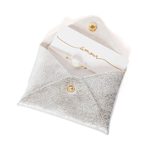 Metallic Leather Card Wallet & Bracelet - Silver