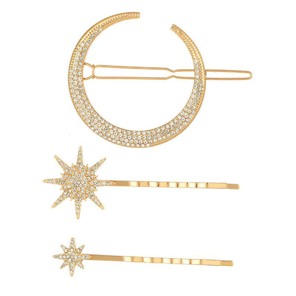 Moon & Star Triple Hair Clip - Gold