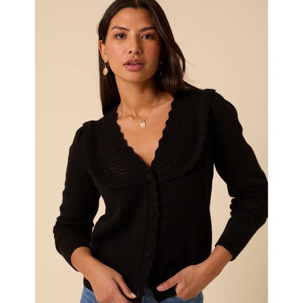 Pointelle Yoke Knitted Cardigan - Black