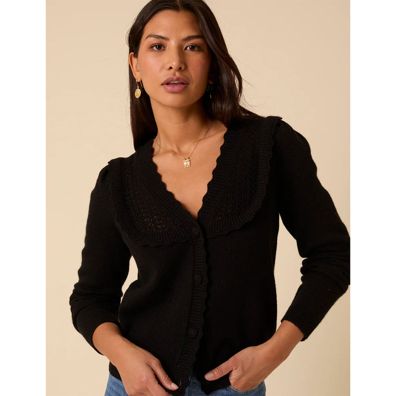 Pointelle Yoke Knitted Cardigan - Black