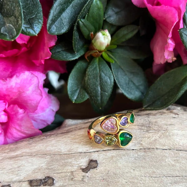 Rainbow Ring - 18ct Gold Plated Multi Coloured Faceted Heart Adjustable Ring