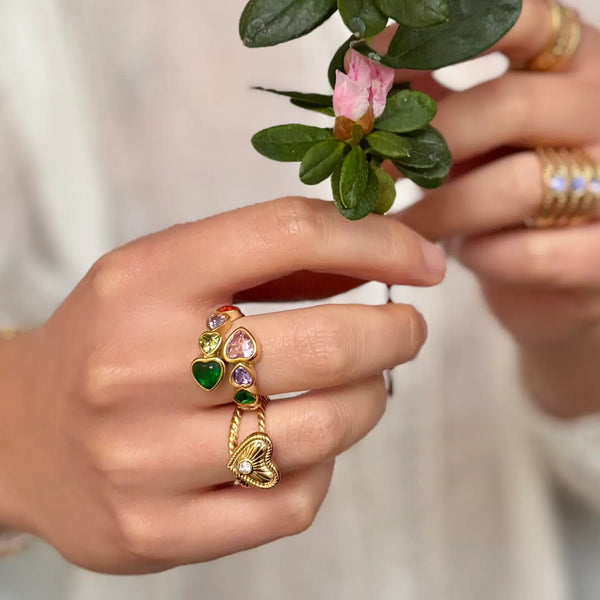 Rainbow Ring - 18ct Gold Plated Multi Coloured Faceted Heart Adjustable Ring