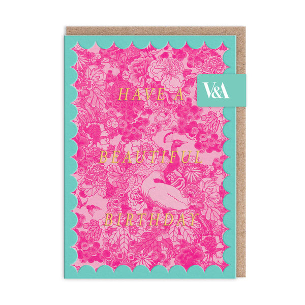 Scalloped Pink Peacock Birthday Card