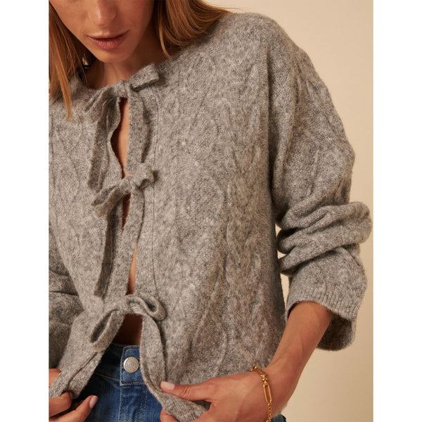 Tie Front Cable Cardigan - Grey