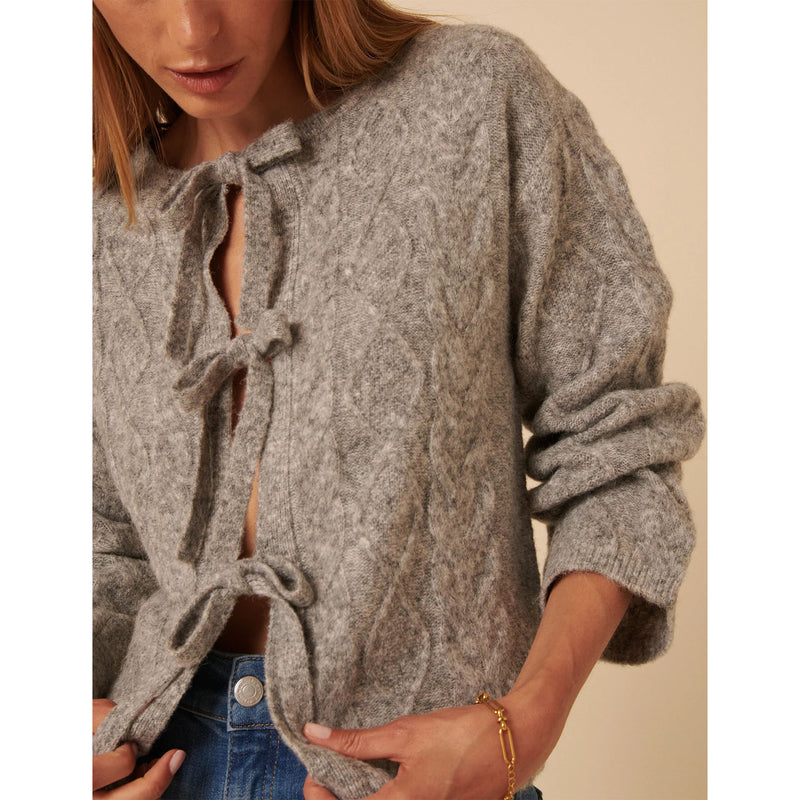 Tie Front Cable Cardigan - Grey