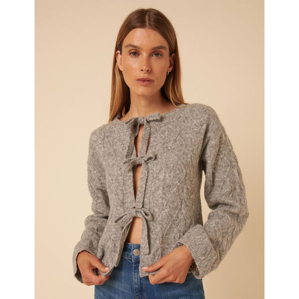 Tie Front Cable Cardigan - Grey