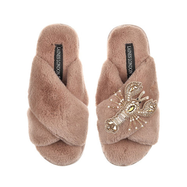 Classic Slippers - Toffee with Pearl & Gold Lobster Brooch