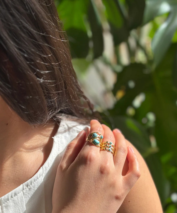 Trista Turquoise Ring - 18ct Gold Plated Turquoise Triple Band Adjustable Ring