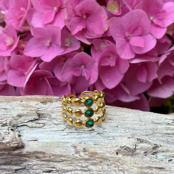 Trista Malachite Ring - 18ct Gold Plated Malachite Triple Band Adjustable Ring