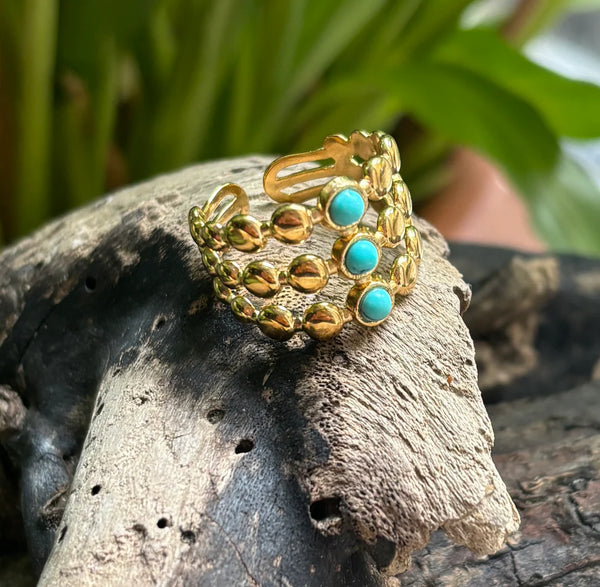 Trista Turquoise Ring - 18ct Gold Plated Turquoise Triple Band Adjustable Ring