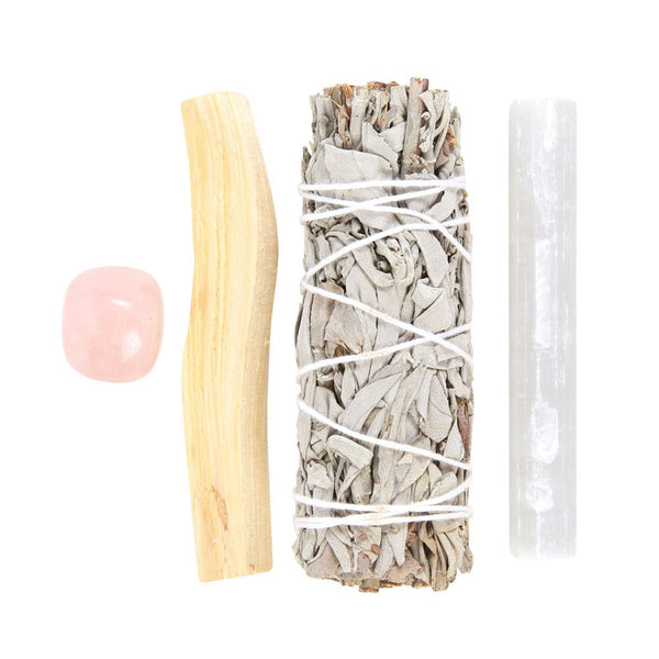 White Smudge Kit With Rose Quartz Crystal