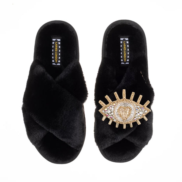 Classic Slippers - Black with Gold/Silver Eye Brooch