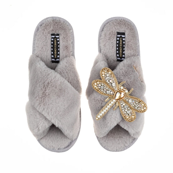 Classic Slippers - Grey with Dragonfly Brooch