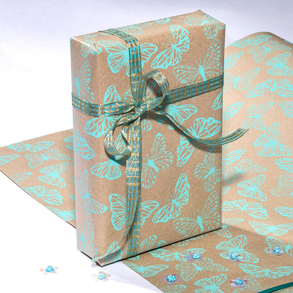 Butterfly Print Wrapping Paper - Craft & Teal - Hemels