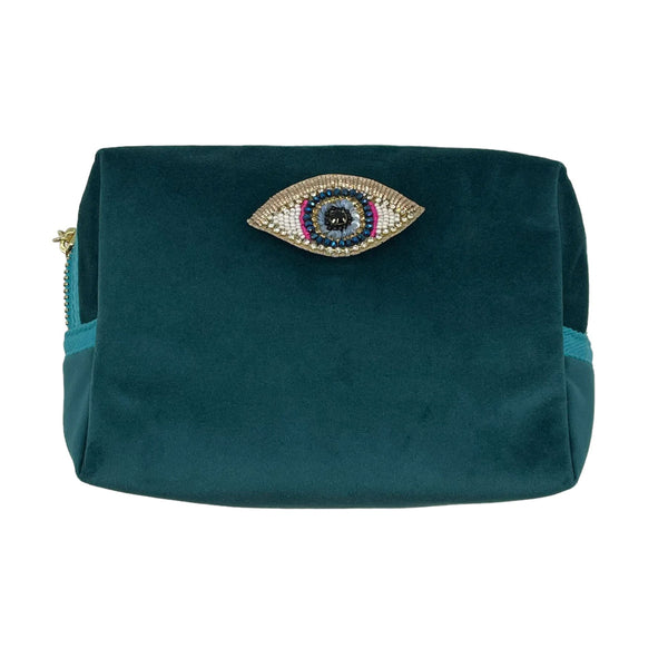 Makeup Bag Large Velvet- Teal with Turquoise Zip/Evil Eye